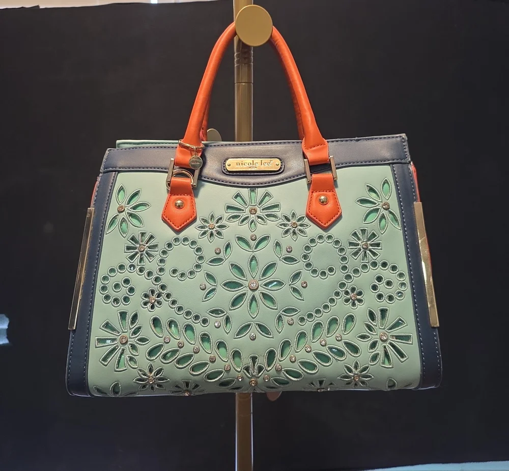 Nicole Lee Mint and Orange Floral Laser-Cut Satchel with Navy Trim